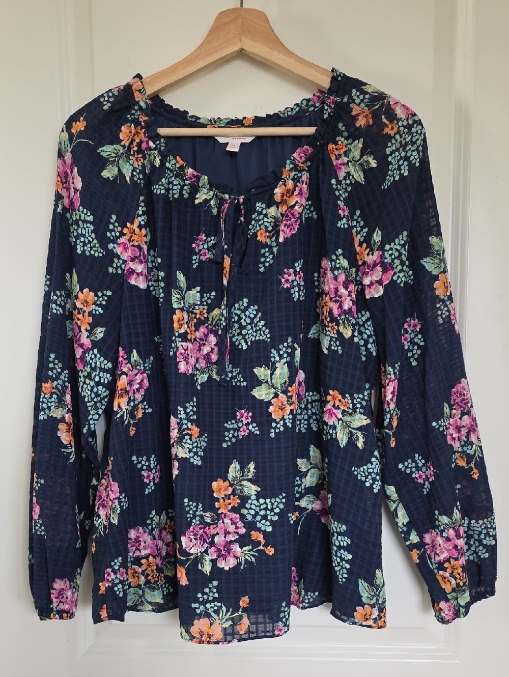 LC Lauren Conrad Navy Floral Peasant Blouse with Pink, Orange & Mint Accents